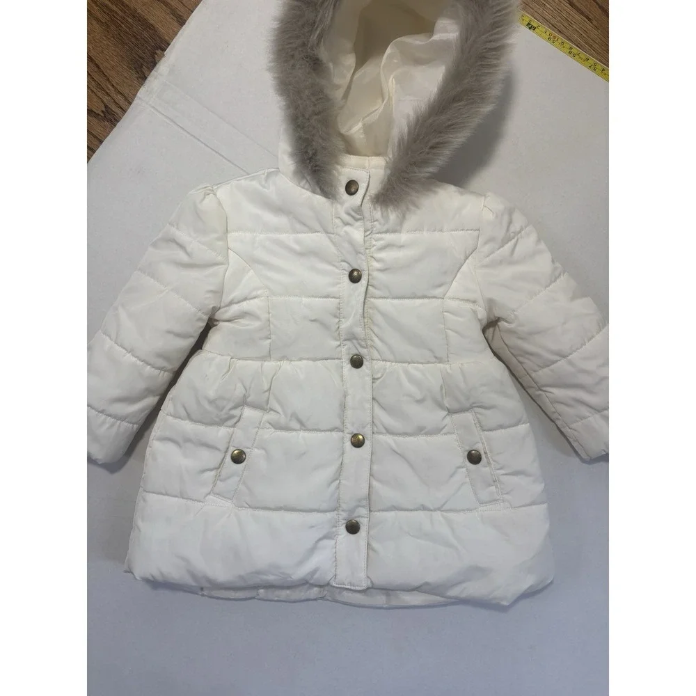 Janie And Jack Faux Fur Trimmed Puffer Coat Girls Sz 18 -24 Months Cream